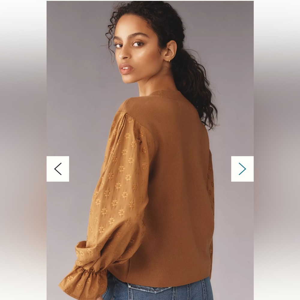 New Anthropologie Puff Sleeve Knit Floral Daisy Brown Tan Caramel Sweater Top S - Picture 3 of 7